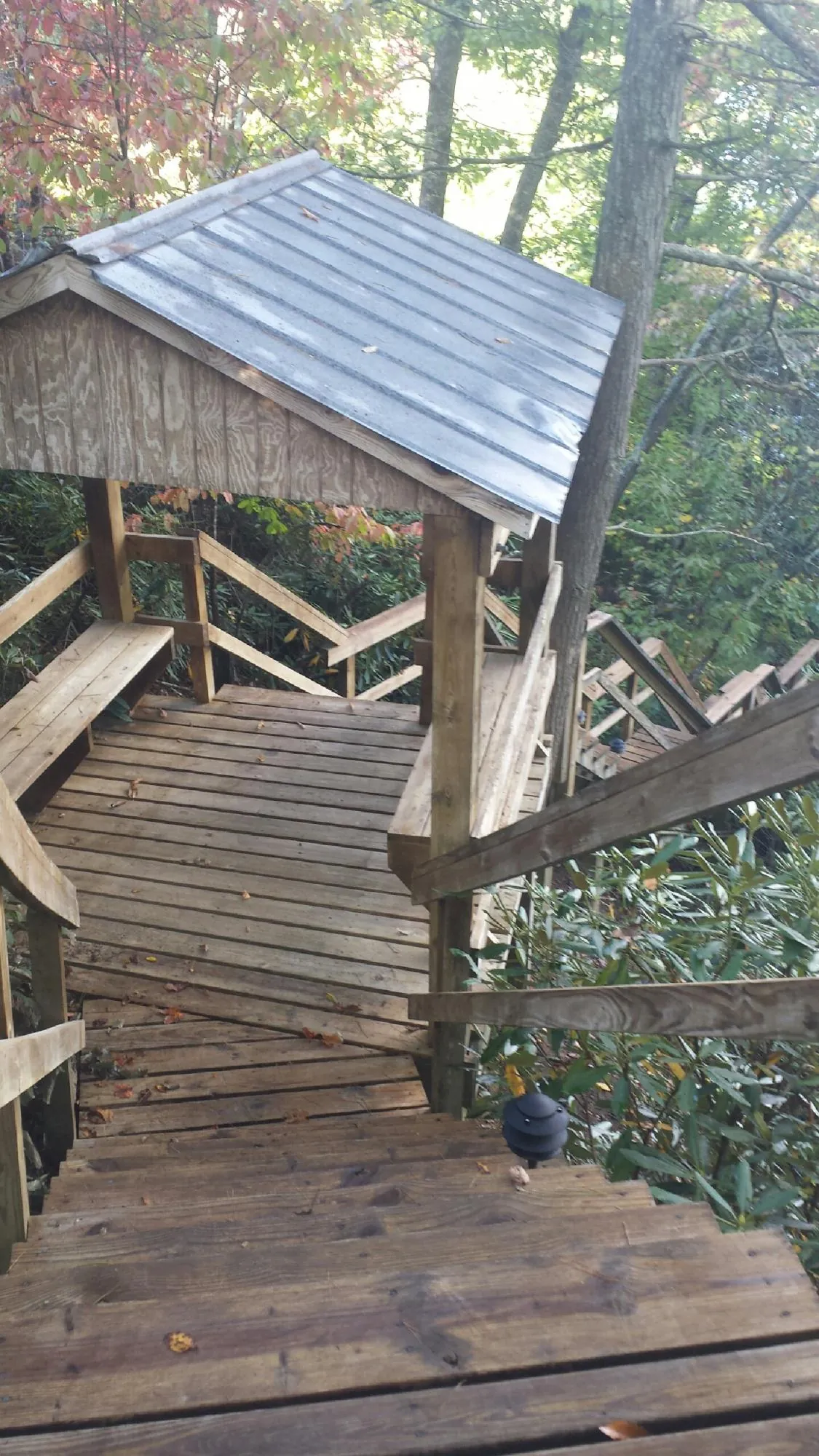 Metal roofed shelter over wooden steps on a wooded walkway — Skylight Repair & Installation work by our crew in Bucyrus